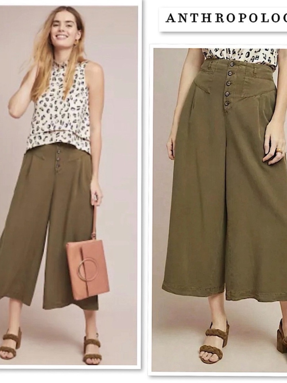 Anthropologie Wide Leg Culottes Flare Pants Cropped Oceanside Olive Green M P